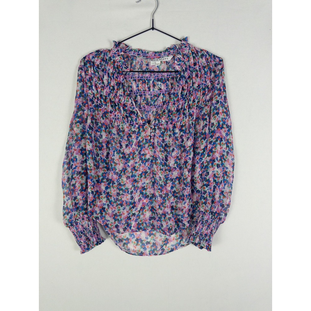 Veronica Beard Silk Floral Smocked Blouse Womens 4 Purple Blue Boho Romantic